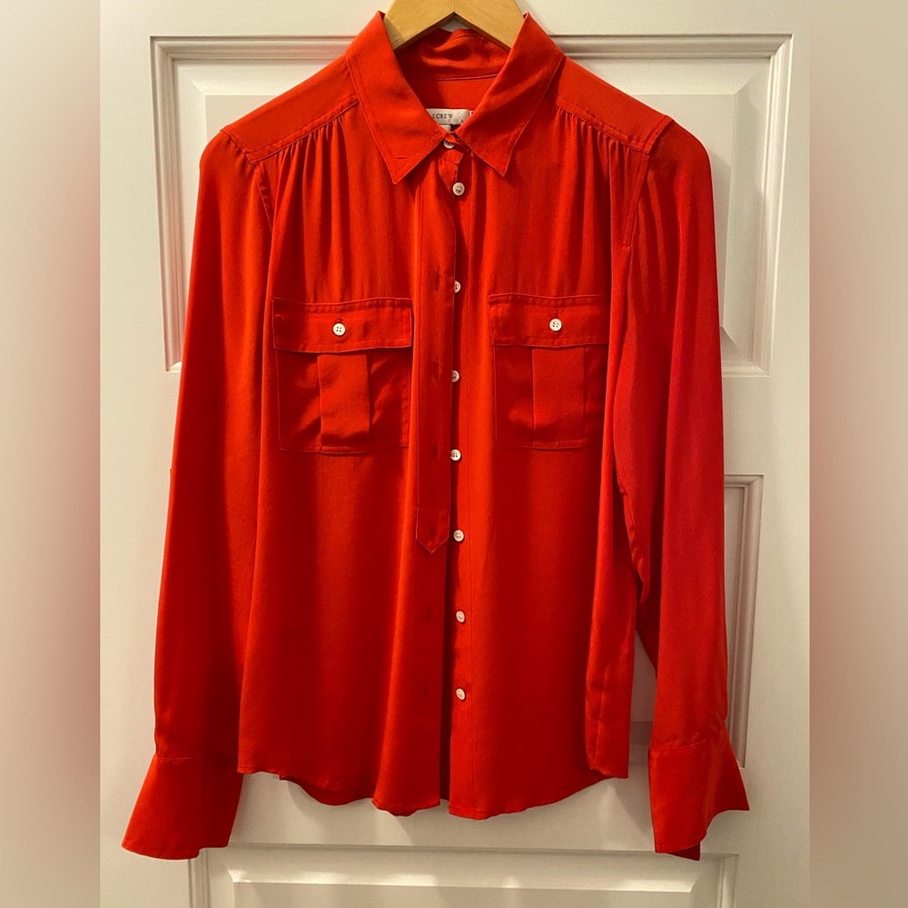 100% Silk Women’s holiday J Crew Dress Shirt Blouse Top, Red, Size 2